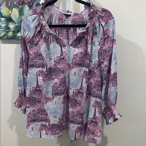 Size XL TALBOTS BLUE AND LAVENDER PARIS SCENE SMOCKED TOP